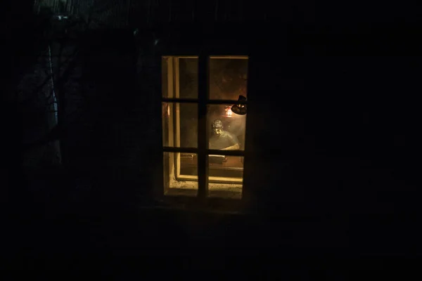 Realistic Dollhouse Living Room Furniture Window Night Man Sitting Table — Stock Photo, Image