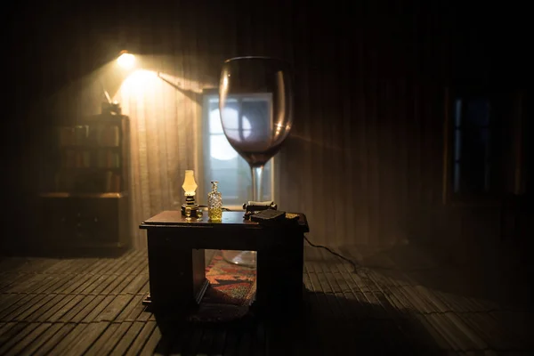 Реалістична Вітальня Лялькового Будиночка Меблями Вікнами Вночі Абстрактне Порожнє Вінілове — стокове фото