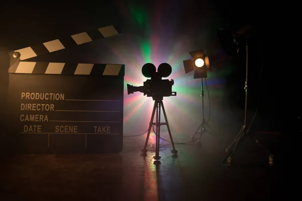 Movie Concept Miniature Movie Set Dark Toned Background Fog Empty — Stock Photo, Image