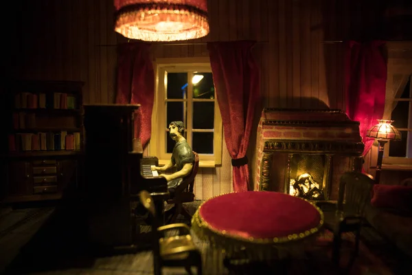 Geceleri Mobilyası Penceresi Olan Gerçekçi Bir Bebek Evi Oturma Odası — Stok fotoğraf