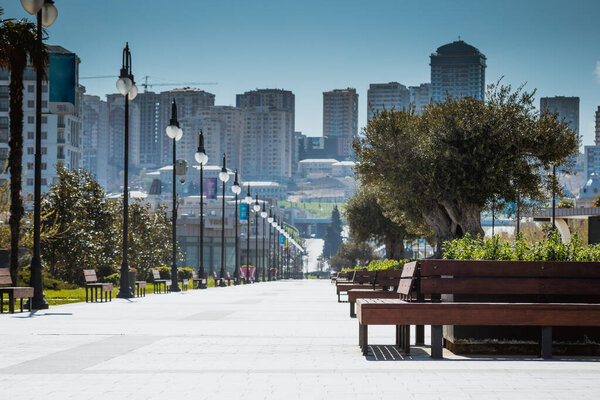 BAKU, AZERBAIJAN - APRIL14, 2020 - Downtown Baku, Azerbaijan. Empty streets of Baku, the capital of Azerbaijan at Daytime. Covid pandemic happening