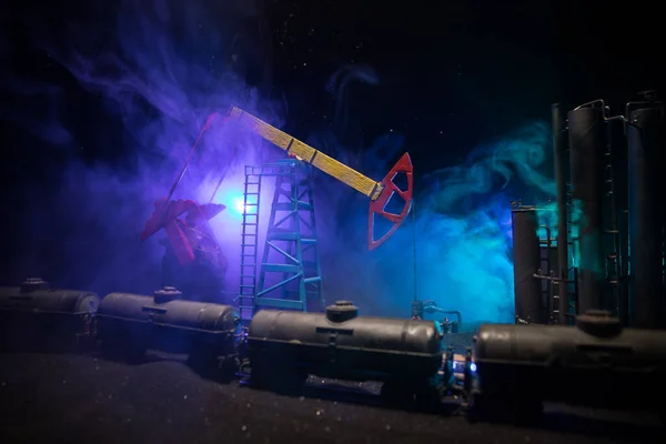 Oil Pump Oil Refining Factory Night Fog Backlight Energy Industrial — Stock Photo, Image