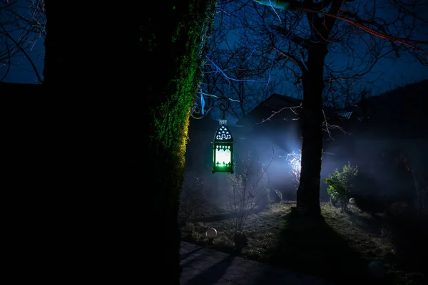 Bella Lampada Colorata Illuminata Giardino Nella Notte Nebbiosa Lanterna Stile — Foto Stock