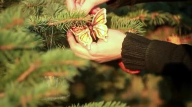 bir kadın Noel ağacı süslemeleri kilitleniyor
