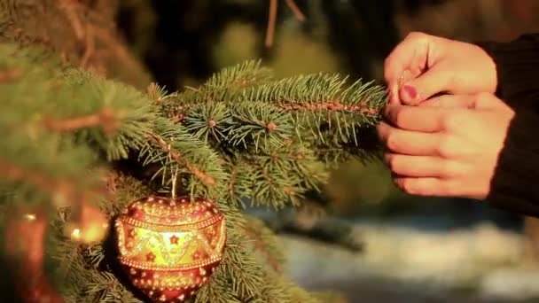žena visí vánoční strom dekorace