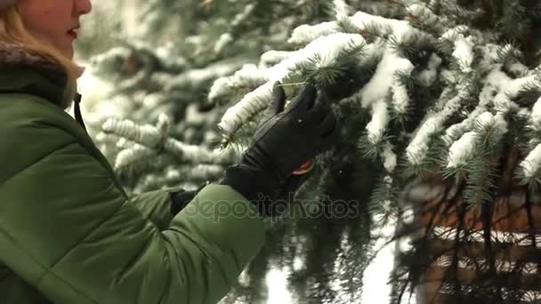 Una mujer cuelga las decoraciones del árbol de Navidad — Vídeos de Stock