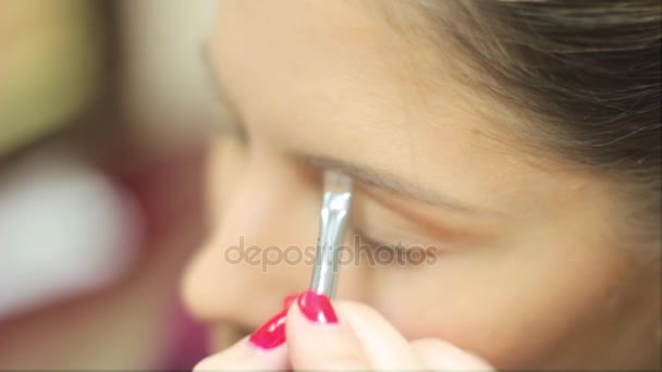 Maquillaje artista pinta los ojos de la mujer — Vídeos de Stock