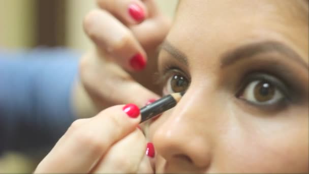 Maquillaje artista pinta los ojos de la mujer — Vídeo de stock