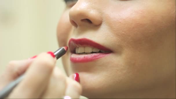 Визажист красит губы женщинам — стоковое видео