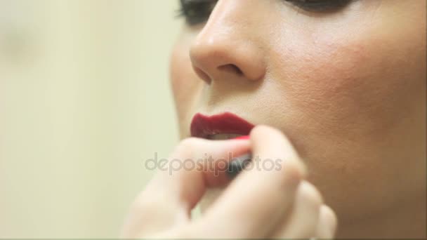 Maquillaje artista pinta sus labios mujeres — Vídeos de Stock