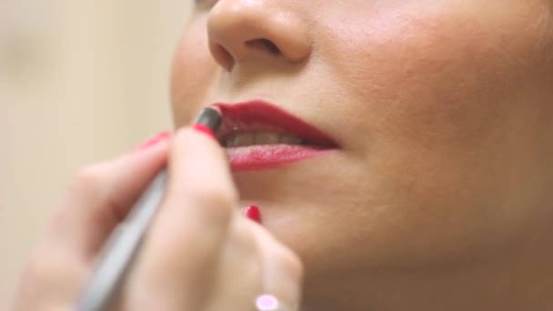 Maquillaje artista pinta sus labios mujeres — Vídeo de stock