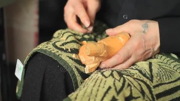 Artisan houtbewerkers creëert een ornament. — Stockvideo