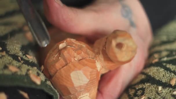 Een ambachtsman kerft hout — Stockvideo