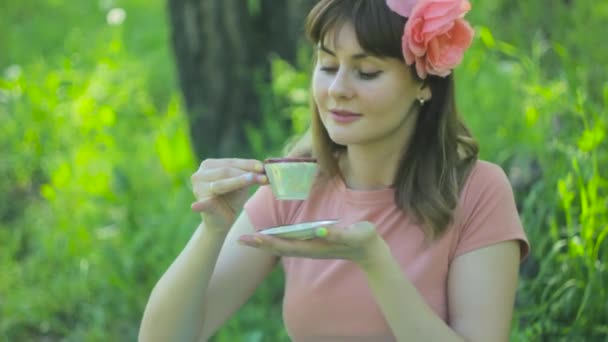 Frau in der Natur trinkt Tee — Stockvideo