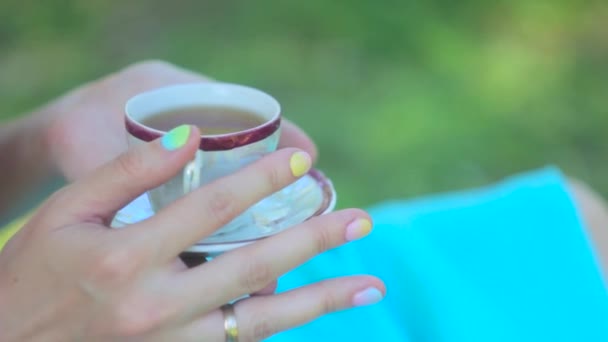 Frau in der Natur trinkt Tee — Stockvideo