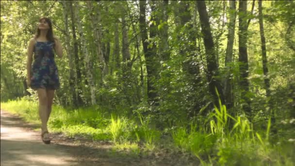 En kvinna går genom skogen — Stockvideo