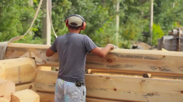 Starker Holzfäller hackt Holz — Stockvideo