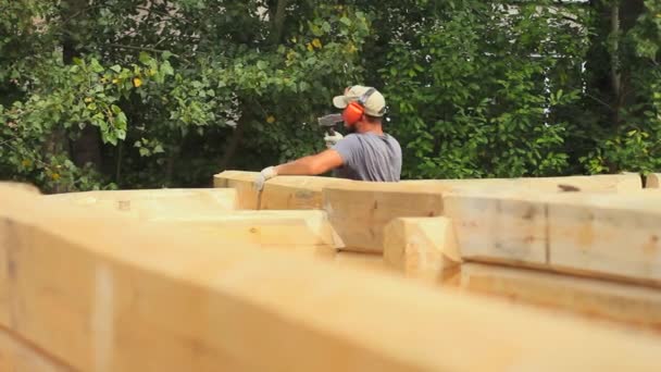 Strong lumberjack chopping wood — Stock Video