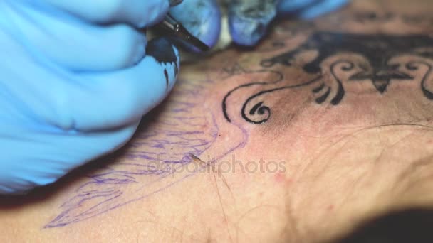 Tatuaggio Principale Sta Disegnando Sul Retro — Video Stock