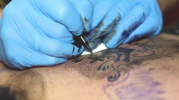 Maestro Tatuaje Está Dibujando Espalda — Vídeos de Stock