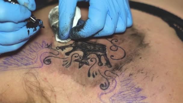 Maestro Tatuaje Está Dibujando Espalda — Vídeo de stock