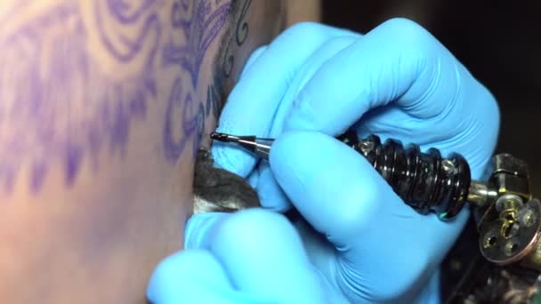 Mujer maestro tatuaje en la espalda — Vídeo de stock