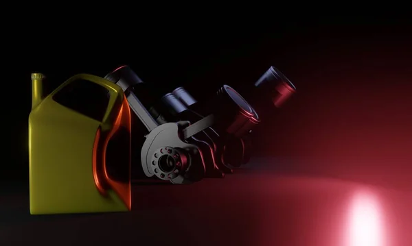 Visualización 3D bote de aceite del motor está al lado del motor —  Fotos de Stock