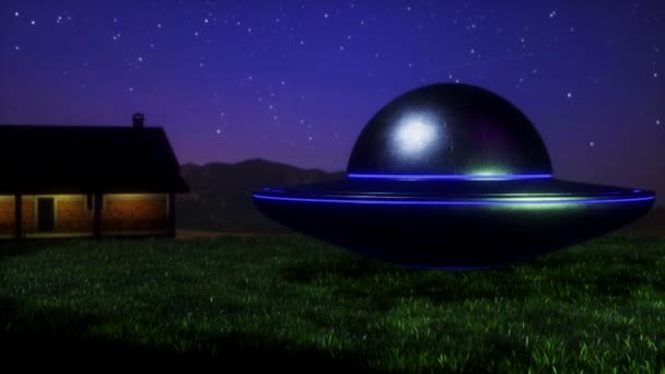 3D visualization of a flying saucer standing on the grass — Stock Video