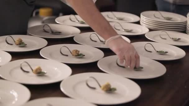 Snack antes de platos principales. Snack en las celebraciones. Hermoso aperitivo en los platos. La preparación del plato para la presentación. Bellamente desplegado bocadillo — Vídeo de stock