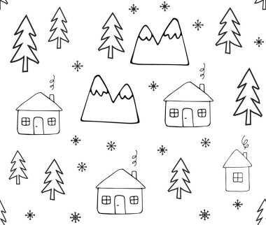 El çiziminin kusursuz çizim evi ve beyaz arka planda izole edilmiş ağaçlar. Noel kış çizimleri.