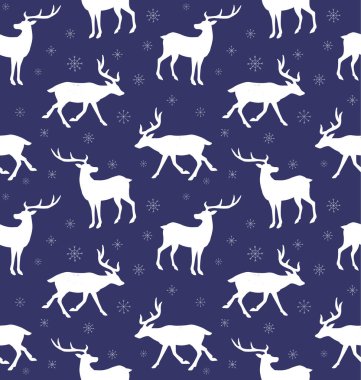 Beyaz geyik siluetinin ve kar tanelerinin koyu mavi arka planda izole edilmiş kusursuz desenleri.