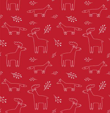 Elin kusursuz deseni kırmızı arka planda izole edilmiş karalama geyiği ve tilki.