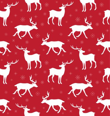 Beyaz geyik siluetinin ve kar tanelerinin koyu mavi arka planda izole edilmiş kusursuz desenleri. 