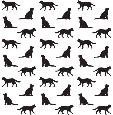 Beyaz arka planda izole edilmiş siyah kedi siluetinin vektörsüz deseni