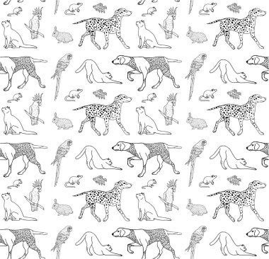 El çiziminin kusursuz şekli beyaz arka planda izole edilmiş farklı evcil hayvanları tasvir et