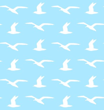 Mavi arka planda izole edilmiş beyaz uçan deniz martı siluetinin vektörsüz deseni