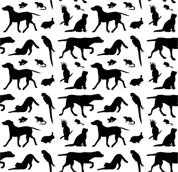 Vektor Nahtlose Muster Von Schwarzen Verschiedenen Haustieren Silhouette Isoliert Auf — Stockvektor