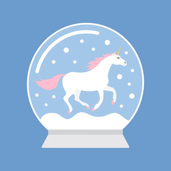 Vektor Datar Kartun Bola Salju Dengan Unicorn Terisolasi Latar Belakang - Stok Vektor
