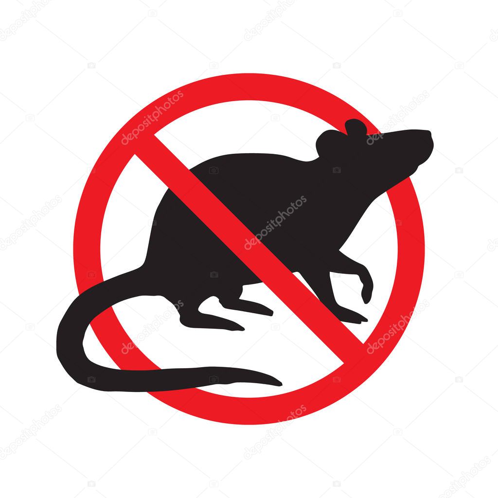 Vector anti pest sign with black rat silhouette under crossed red circle isolated on white background
