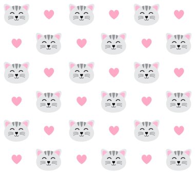Düz çizgi film gri kedi yüzü ve beyaz arka planda izole edilmiş kalpler.