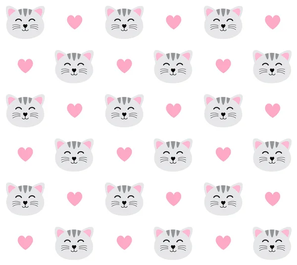 Vector Seamless Pattern Flat Cartoon Gray Cat Face Hearts Isolated — Stock Vector