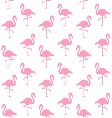 Beyaz arkaplanda izole edilmiş pembe flamingo siluetinin vektörsüz deseni