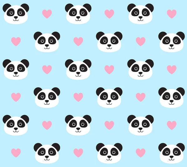 Padrão Sem Costura Vetorial Rosto Panda Desenhos Animados Plano Corações — Vetor de Stock