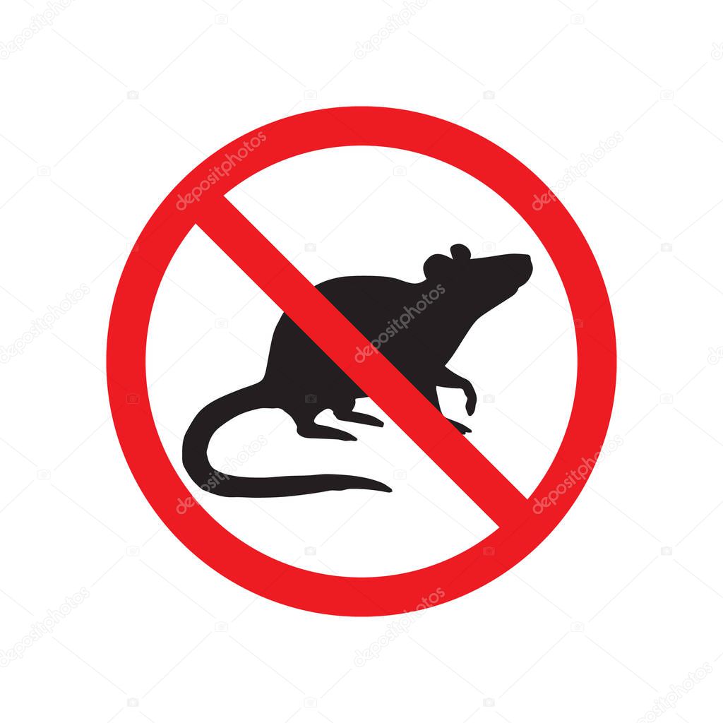 Vector black rat mouse silhouette crossed in red circle isolated on white background. extermination of rodents sign