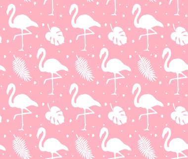 Beyaz flamingo ve palmiye yapraklarının pürüzsüz deseni, pastel pembe arka planda izole edilmiş.