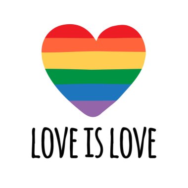 Vektör el çizimi çizim lgbt gökkuşağı bayrağı kalbi ve aşk beyaz arka planda izole edilmiş aşk harfleridir