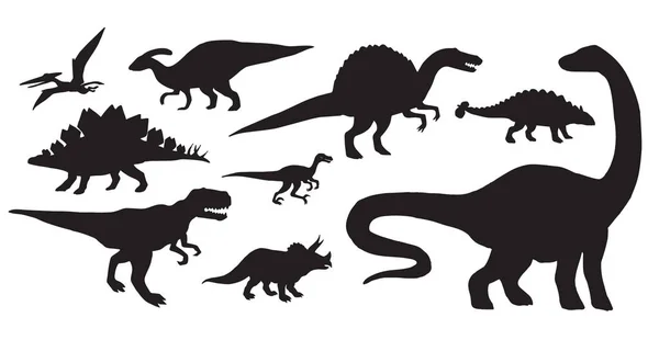 白い背景に孤立した黒い恐竜のシルエットのベクトルセットバンドル — ストックベクタ