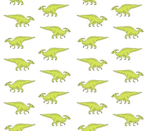 Modèle Sans Couture Vectoriel Croquis Vert Dessiné Main Parasaurolophus Dinosaure — Image vectorielle
