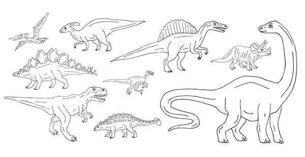 Ensemble Vectoriel Faisceau Dinosaures Croquis Dessinés Main Sur Fond Blanc — Image vectorielle