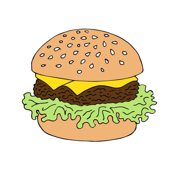 Vector Kézzel Rajzolt Firka Vázlat Színes Burger Elszigetelt Fehér Alapon — Stock Vector